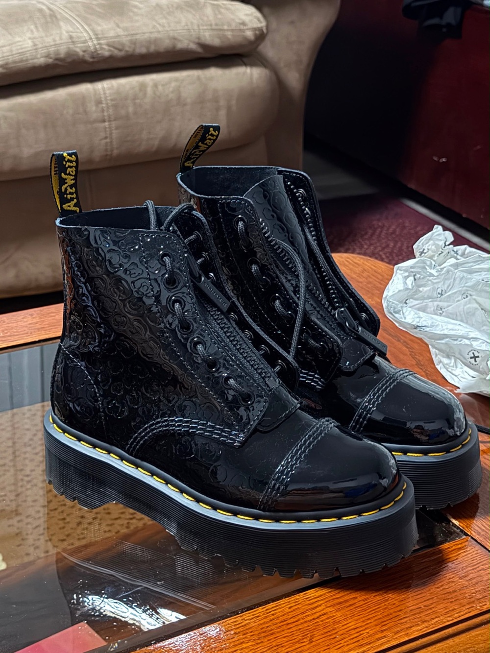 Dr. Martens Black Patent Platform Lace-Up Boots